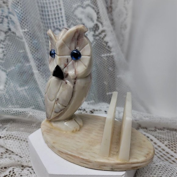 Marble Owl Card Holder Vintage Blue Eyes - Picture 2 of 8